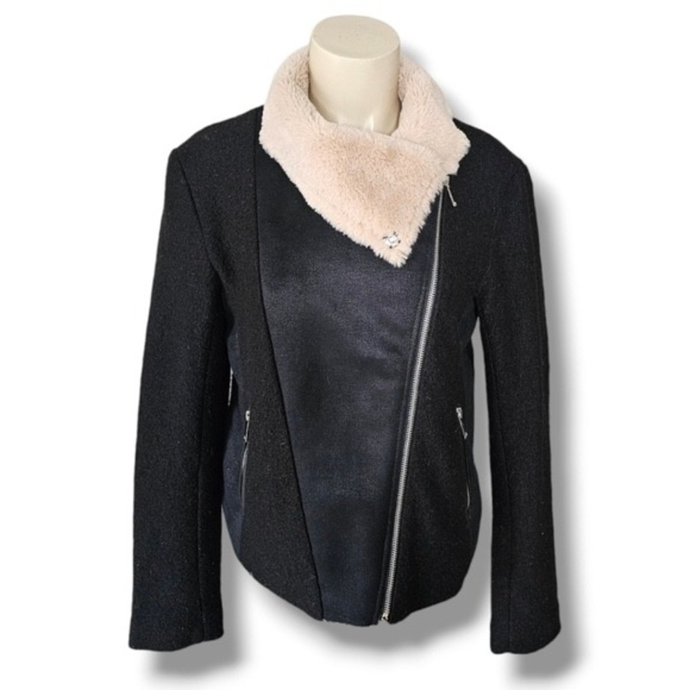 Love Tree Faux Fur Trim Biker Jacket Women Large Black Moto Asymmetrical Zip